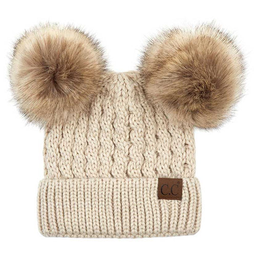 C.C Women's Double Pom All Over Cable Knit Beanie - Beige