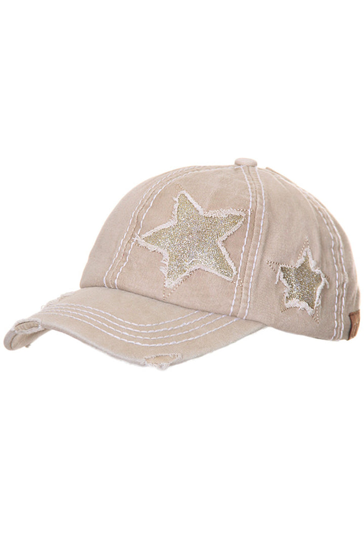 Beige C.C GLITTER STAR BASEBALL PONYCAP is a stylish and functional accessory. Made with high-quality materials, it adds a touch of glitz to your wardrobe. The baseball-style provides sun protection, while the ponytail opening adds convenience. Upgrade your hat collection with this must-have piece.