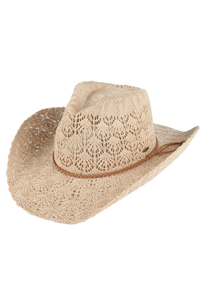 Beige C.C. Horseshoe Lace Knitting Cowboy Hat is expertly crafted with intricate lace details and a classic western design. Made with high-quality materials, it offers both style and functionality, perfect for any outdoor adventure. Keep the sun out of your eyes while adding a touch of elegance to your outfit.