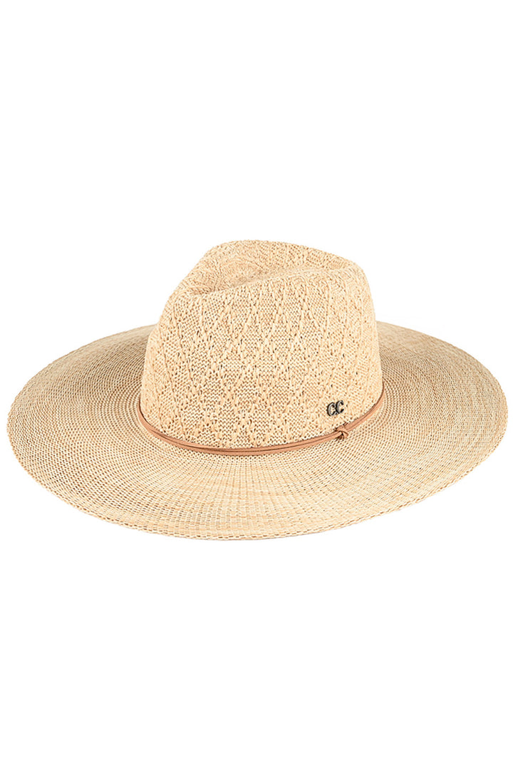 Beige C.C Packable Pattern Panama Hat combines fashion and function. Made from high-quality material, it is packable and perfect for traveling. With its unique pattern, it adds a touch of elegance to any outfit. Designed with comfort in mind, it offers protection from the sun while keeping you cool. Upgrade your summer wardrobe with this must-have accessory.
