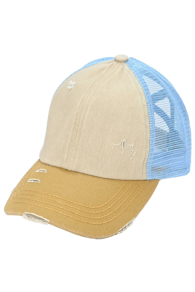 Beige-Camel C.C 3 Tone Crossed Mesh Back Trucker Pony Cap combines stylish design with functionality. Its mesh back allows for breathability, while the crossed design adds a unique touch. Perfect for those looking for a trendy yet practical cap option.
