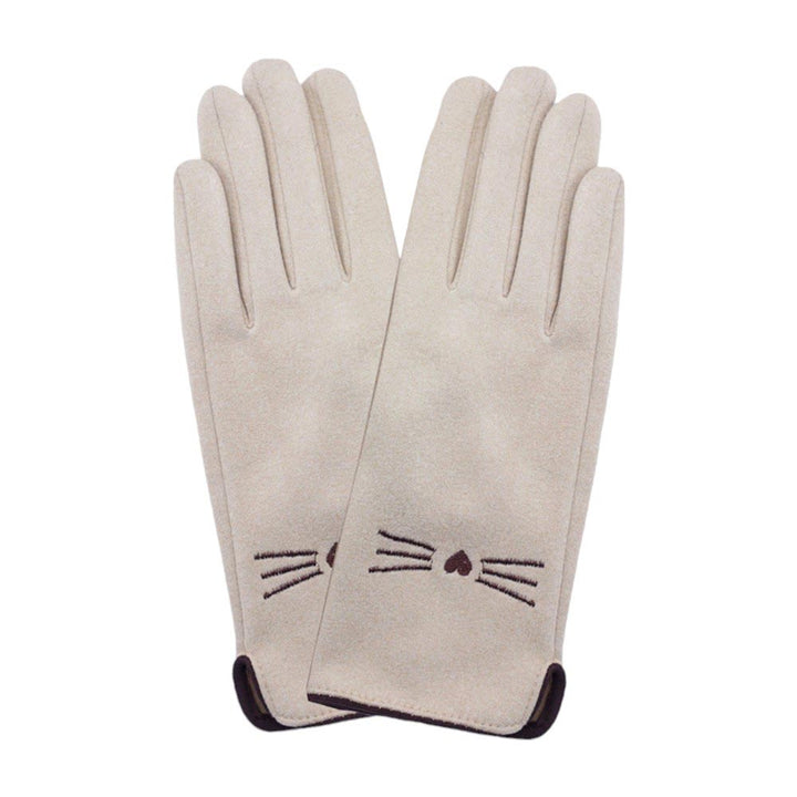 Beige-Cat Pointed Faux Suede Smart Touch Gloves, keep your hands warm and stylish while using your smartphone. Made with faux suede, they provide a comfortable fit and a cute cat design. Stay connected and fashionable this winter. It is an incomparable gift to the one you love the most.