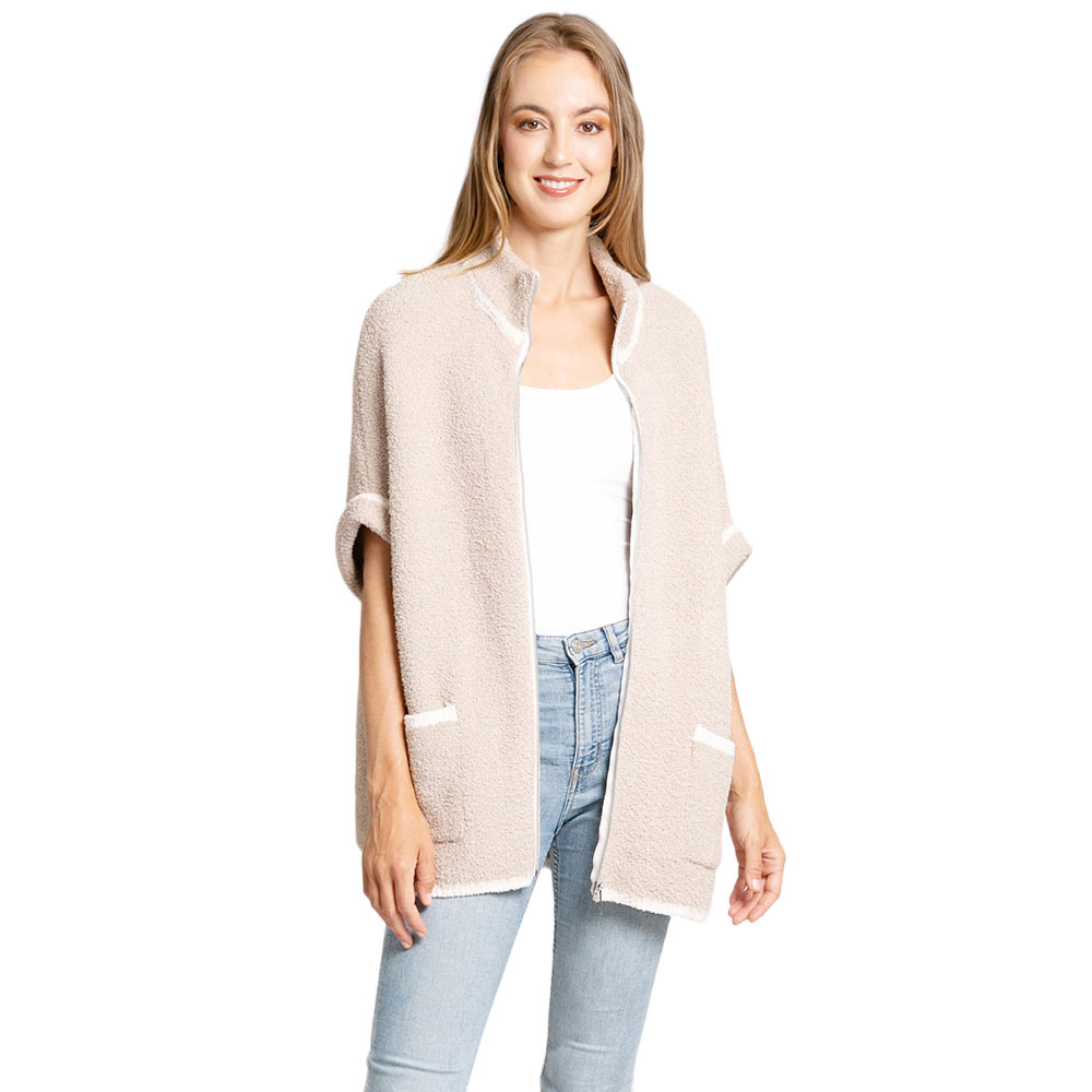 Beige Colored Edge Front Pockets Zipper Jacket, delicate, warm, on-trend & fabulous, a luxe addition to any cold-weather ensemble. Great for daily wear in the cold winter to protect you against the infinity-style amps up the glamour with a plush. Perfect Gift for wife, mom, birthday, holiday, etc.
