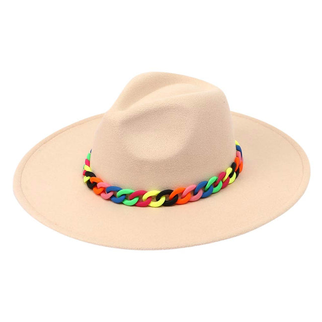 Beige Colorful Chain Accented Solid Panama Hat, a beautiful & comfortable Panama hat is suitable for summer wear to amp up your beauty & make you more comfortable everywhere. Perfect for keeping the sun off your face, neck, and shoulders. It's an excellent gift item for your friends & family or loved ones this summer.