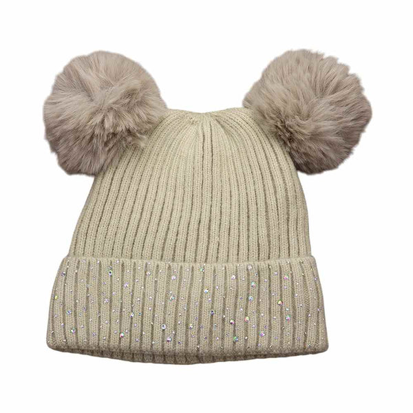 Beige Double Pom Pom Bling Studded Cuff Beanie Hat, stay warm and stylish with our beanie hat. This hat features two pom poms, studded accents, and a cozy cuff.