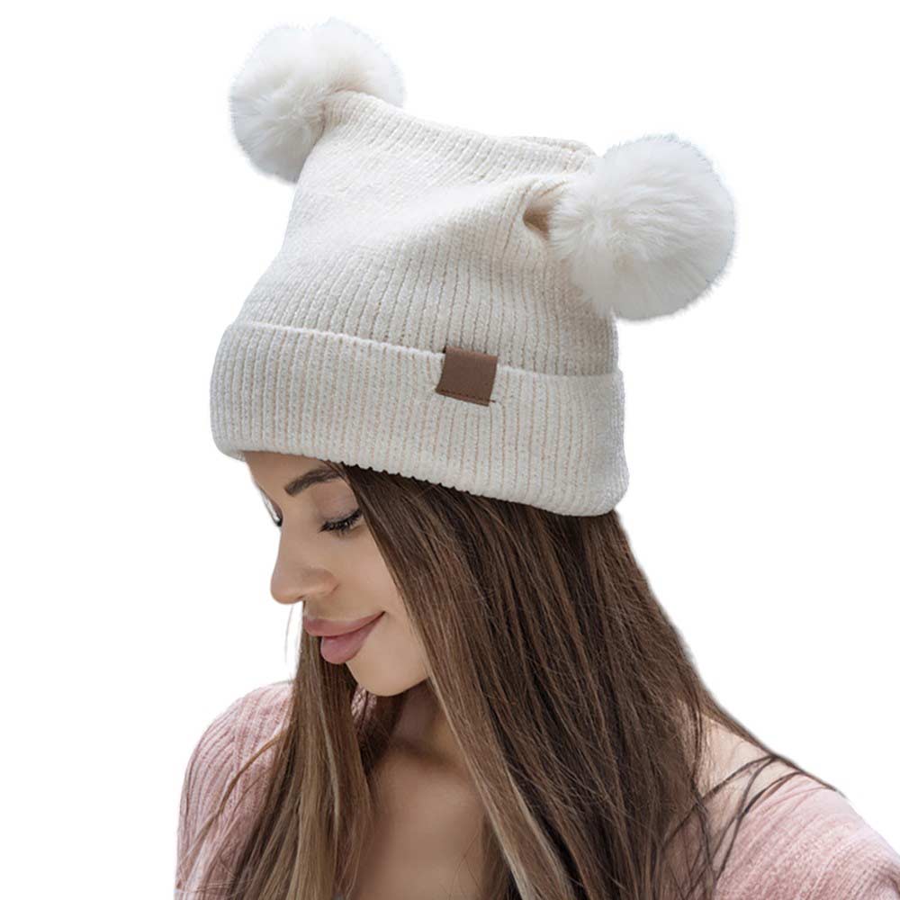 Beige-Pom Pom Pointed Beanie Hat, Crafted with a double pom pom design and a pointed top, this hat adds a touch of fun to your winter wardrobe. Made with high-quality materials, it will keep you cozy and comfortable in cold weather.