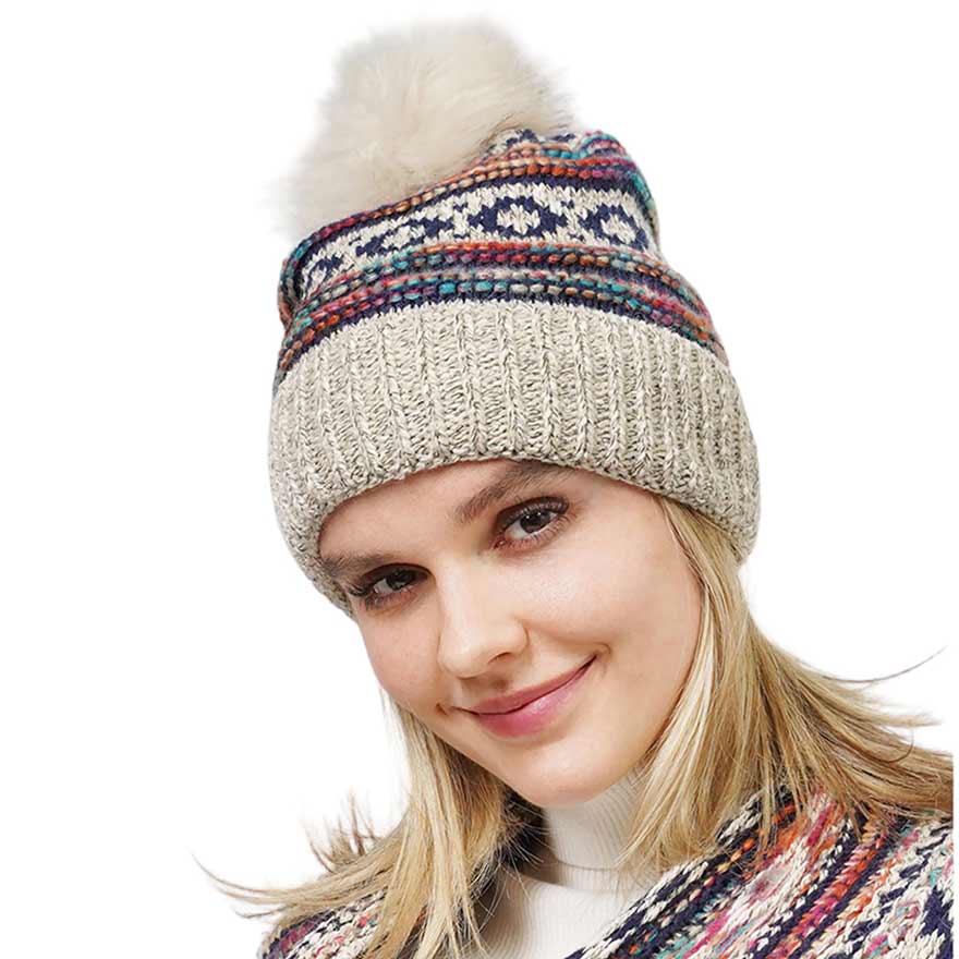 Beige Ethnic Patterned Knit Pom Pom Beanie Hat, wear this beautiful beanie hat with any ensemble for the perfect finish before running out the door into the cool air. An awesome winter gift accessory and the perfect gift item for Birthdays, Christmas, Stocking stuffers, Secret Santa, holidays, Valentine's Day, etc.