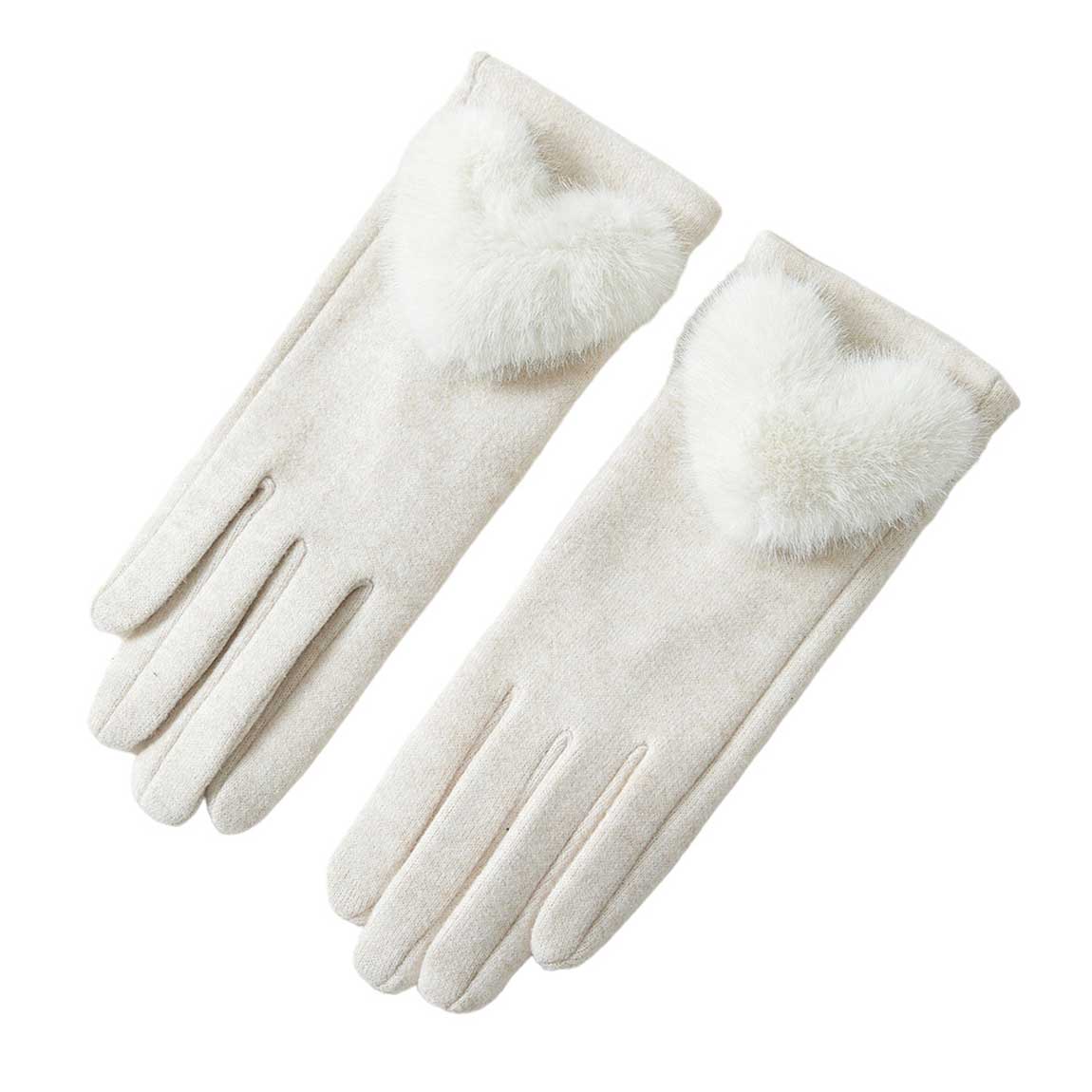 Beige Faux Fur Heart Accented Touch Smart Gloves. It's very fashionable, attractive, and cute looking that will save you from cold and chill on cold days. It will allow you to easily use your electronic devices and touchscreens while keeping your fingers covered! Awesome gift for your family, friends, anyone you love. 