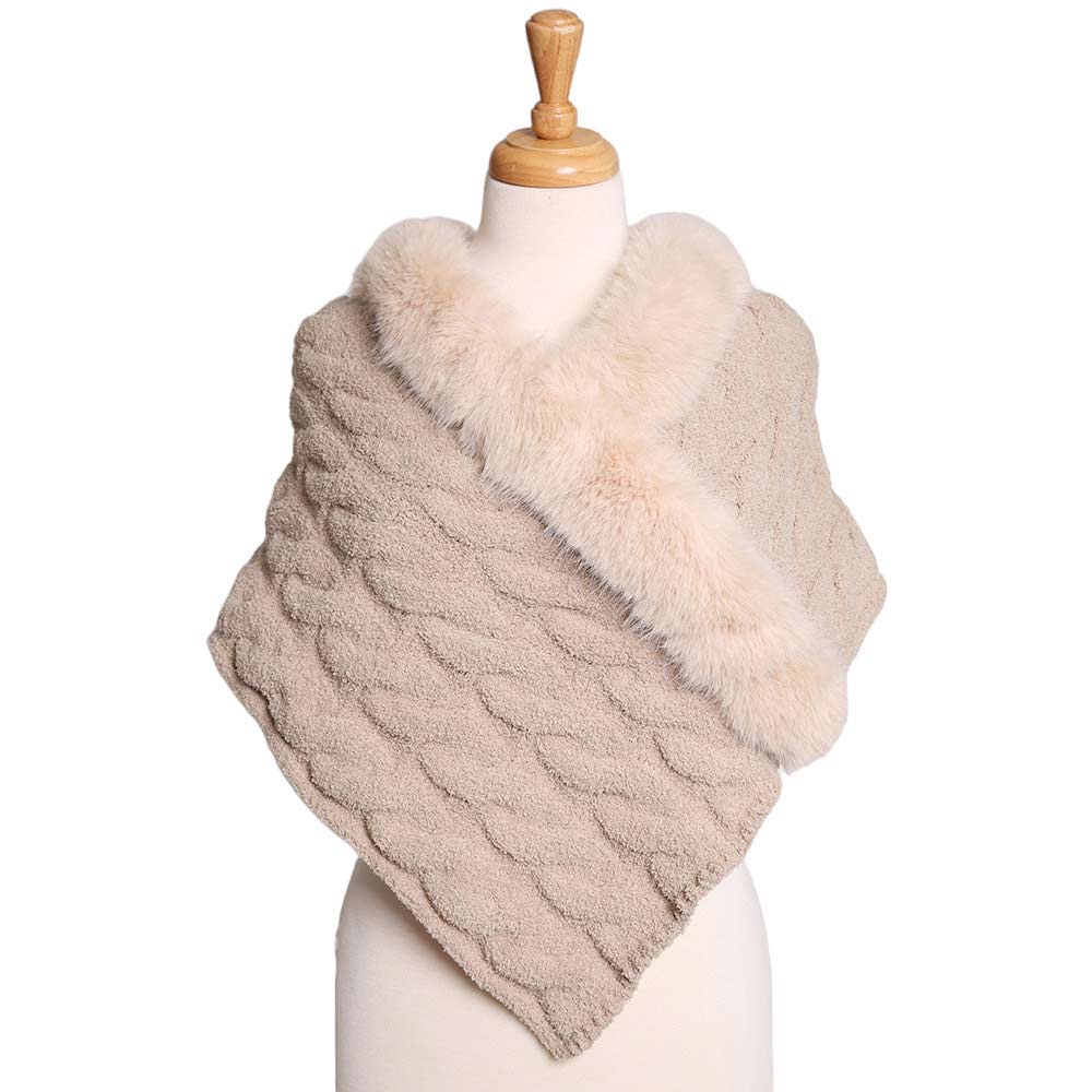Ivory This Faux Fur Pointed Cable Knit Shawl offers a fashionable fusion of style and warmth. The classic cable knit design is timeless and adds a touch of sophistication. It goes with every winter outfit and gives you a beautiful outlook everywhere. Perfect Gift for Wife, Mom, Birthday, Holiday, Anniversary. Happy Winter!