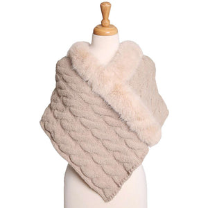 Beige This Faux Fur Pointed Cable Knit Shawl offers a fashionable fusion of style and warmth. The classic cable knit design is timeless and adds a touch of sophistication. It goes with every winter outfit and gives you a beautiful outlook everywhere. Perfect Gift for Wife, Mom, Birthday, Holiday, Anniversary. Happy Winter!