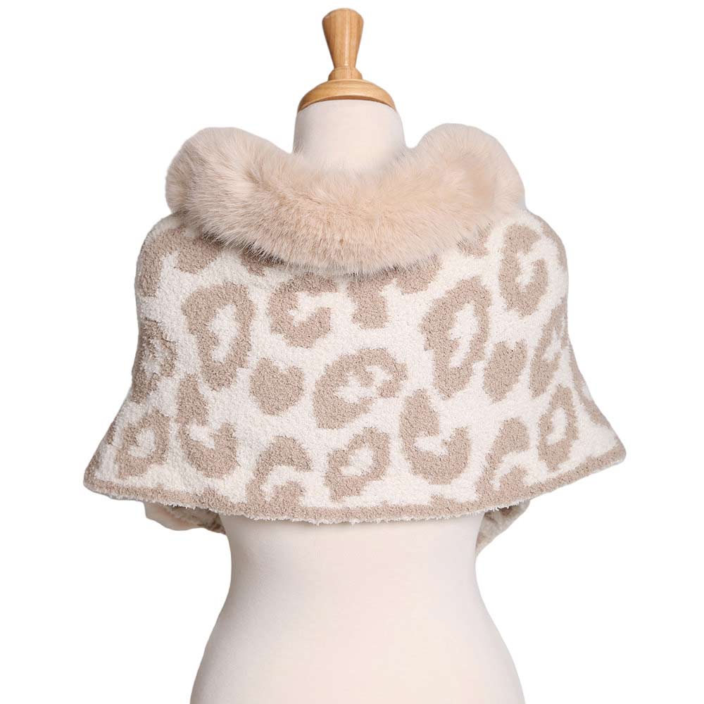 Beige Introducing the Faux Fur Pointed Leopard Patterned Shawl - a stylish addition to any wardrobe. Crafted from soft faux fur, it features a distinct leopard pattern to give any outfit a fierce edge. Perfect Gift for Wife, Mom, Birthday, Holiday, Anniversary, Fun Night Out. Happy Winter!