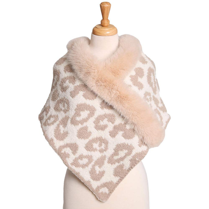 Beige Introducing the Faux Fur Pointed Leopard Patterned Shawl - a stylish addition to any wardrobe. Crafted from soft faux fur, it features a distinct leopard pattern to give any outfit a fierce edge. Perfect Gift for Wife, Mom, Birthday, Holiday, Anniversary, Fun Night Out. Happy Winter!