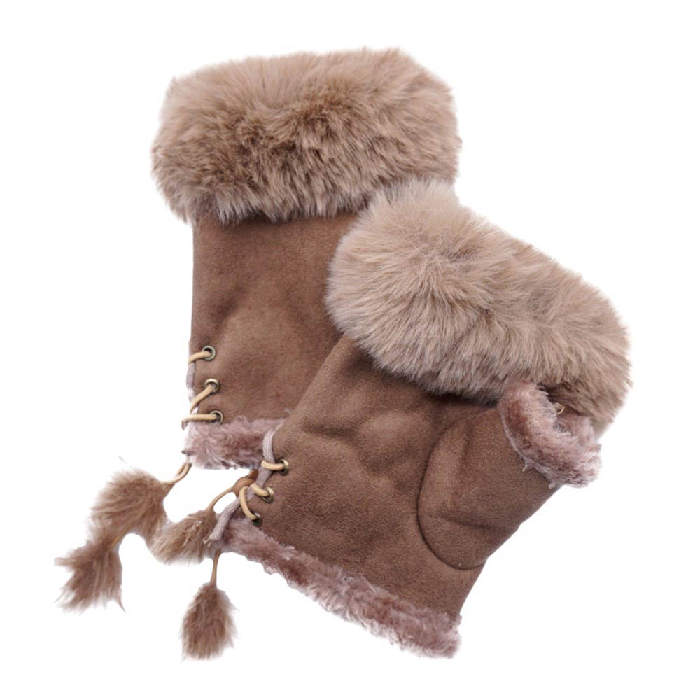 Beige Faux Fur Trim Fingerless Gloves, Stay warm and stylish with our stylish winter gloves. These gloves provide the perfect balance of fashion and function, allowing you to keep your hands warm while still being able to use your fingers. The faux fur trim adds a touch of luxury, a must-have accessory for any winter outfit.