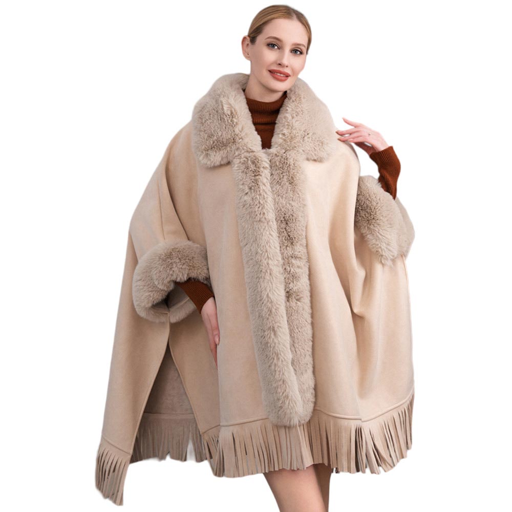 Beige Faux Fur Trimmed Solid Fringe Ruana Poncho, features a soft faux fur trim for maximum warmth and comfort. Whether dressing up for a night out or staying at home, this fashionable poncho has you covered during colder days. An ideal winter gift choice for loved ones, fashion-loving friends or family members, or yourself.