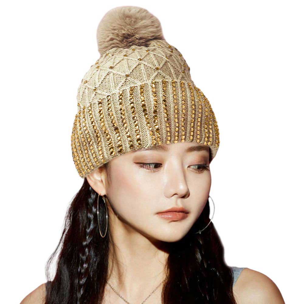 Beige Fleece Lining Rhinestone Embellished Pom Pom Beanie Hat. Stay warm and stylish with this. Made of a cozy knit blend and featuring a luxurious rhinestone embellishment, this hat provides a fashion-forward look while keeping you warm and comfortable. Perfect seasonal gift idea for fashion-loving close people!
