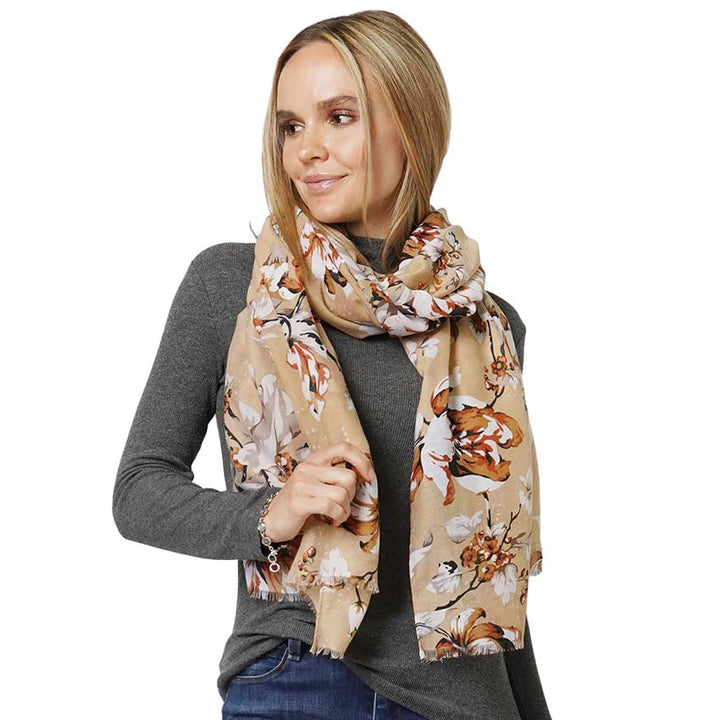 Beige Flower Printed Scarf, this timeless flower printed scarf is a soft, lightweight, and breathable fabric, close to the skin, and comfortable to wear. Sophisticated, flattering, and cozy. Perfect gift for birthdays, holidays, or fun nights out.