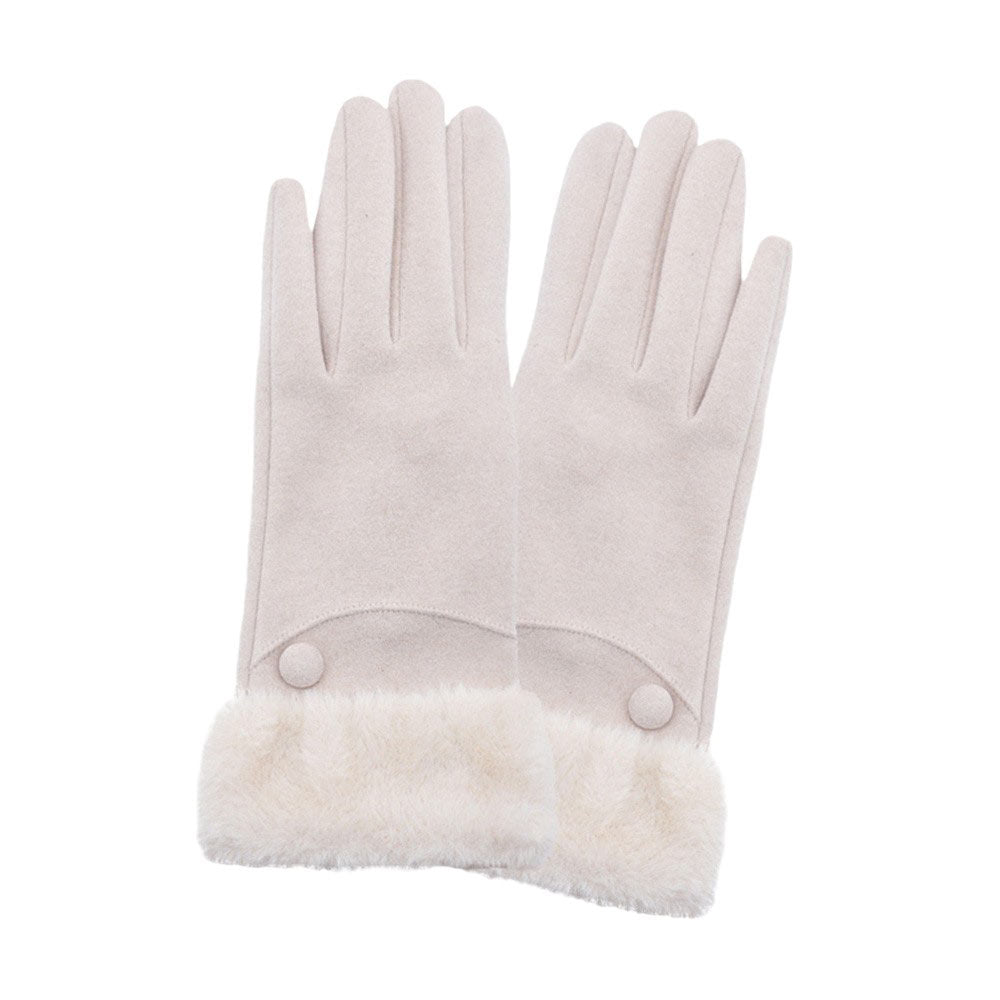 Beige-Fuzzy Fur Collar Faux Suede Smart Touch Gloves adds a touch of luxury and the faux suede material provides a soft and comfortable fit. With smart touch technology, you can easily use your touchscreen devices without having to take off your gloves. Perfect for cold weather and tech-savvy individuals. 