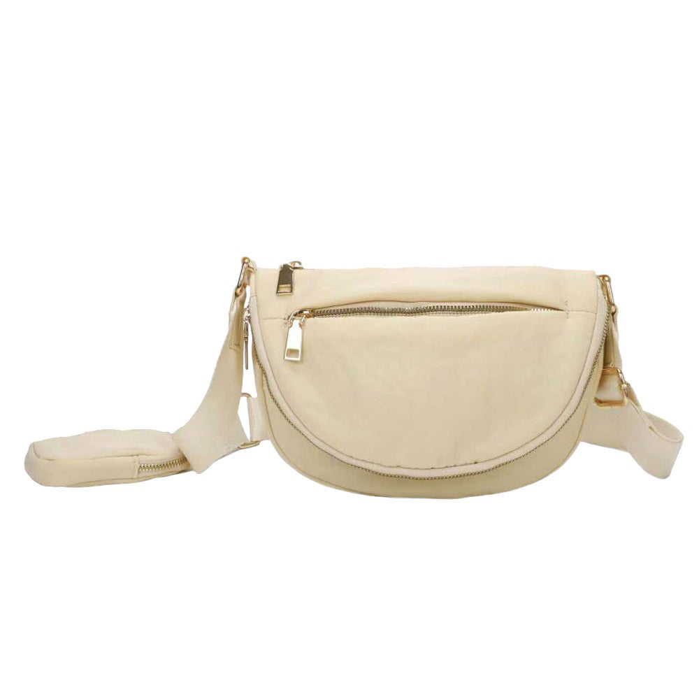 Beige Half Round Solid Nylon Crossbody Bag, is made of nylon, making it lightweight and durable. The adjustable shoulder strap ensures it will be comfortable to carry. The half-round shape adds a unique look to this bag, making it a great choice for any occasion. Perfect gift for fashion-forwarded family members and friends.