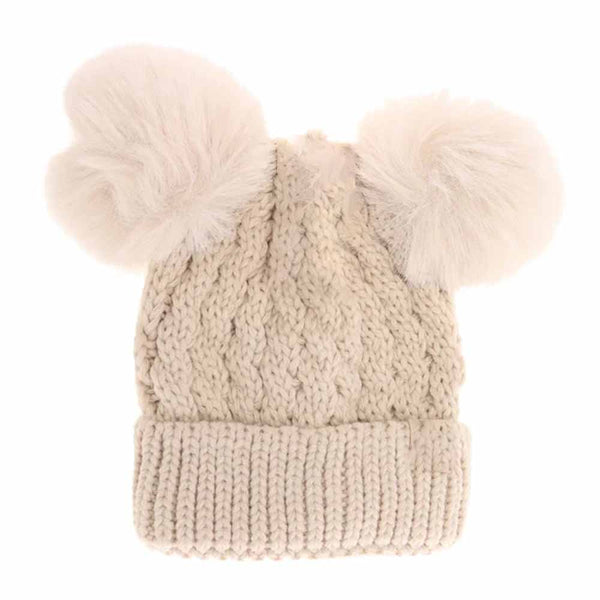 Beige Kids Cable Knit Double Matching Pom Beanie offers cozy warmth and stylish design for young wearers. Crafted with a double-layer knit, it provides extra insulation against cold weather. The matching pom-poms add a playful touch, making it both functional and fashionable for everyday winter wear. Ideal for keeping children comfortable during outdoor activities in chilly conditions. 
