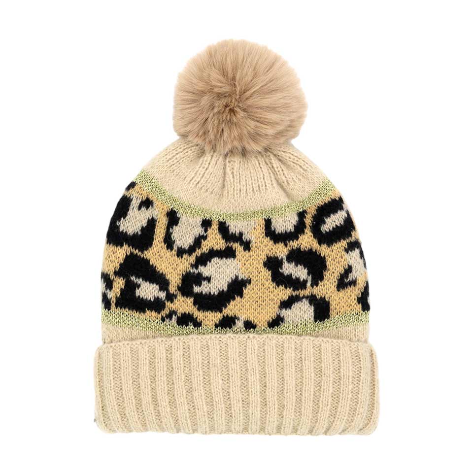 Beige Leopard Patterned Pom Pom Beanie Hat, wear this beautiful beanie hat with any ensemble for the perfect finish before running out the door into the cool air. An awesome winter gift accessory and the perfect gift item for Birthdays, Stocking stuffers, Secret Santa, holidays, anniversaries, Valentine's Day, etc.