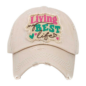 Beige Living My Best Life Message Vintage Baseball Cap, is the perfect way to express your state of mind. Crafted from lightweight cotton twill, it's flexible and comfortable even in hot weather. With an adjustable slide closure, this cap is a great fit for anyone. Be sure to live your best life with this stylish cap.