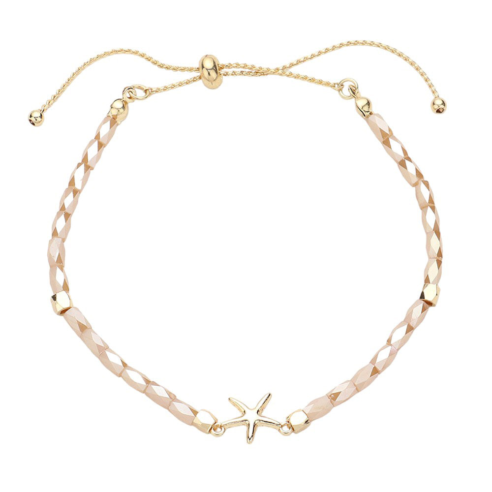 Beige Metal Starfish Pointed Faceted Beaded Pull Tie Cinch Bracelet! Perfect for any occasion, this bracelet features a stunning metal starfish charm and intricately faceted beads that add a touch of elegance and style. Elevate your look and make a statement with this unique and versatile bracelet.