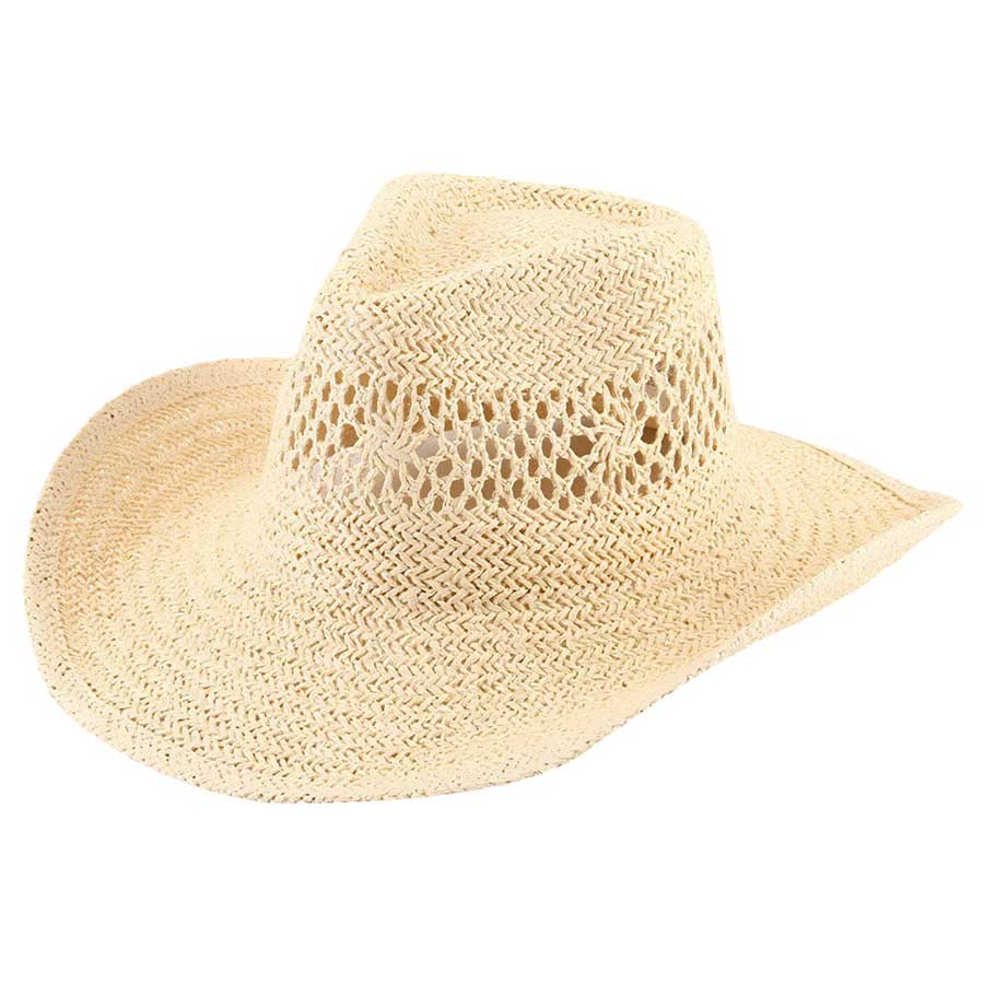 Beige Open Weave Panama Cowboy Straw Hat, Expertly crafted from premium straw, our hat is the perfect accessory for any outdoor adventure. The intricate weave not only adds a touch of style but also provides superior ventilation to keep you cool and comfortable in the sun. Get ready to wrangle in style with our Cowboy Hat.