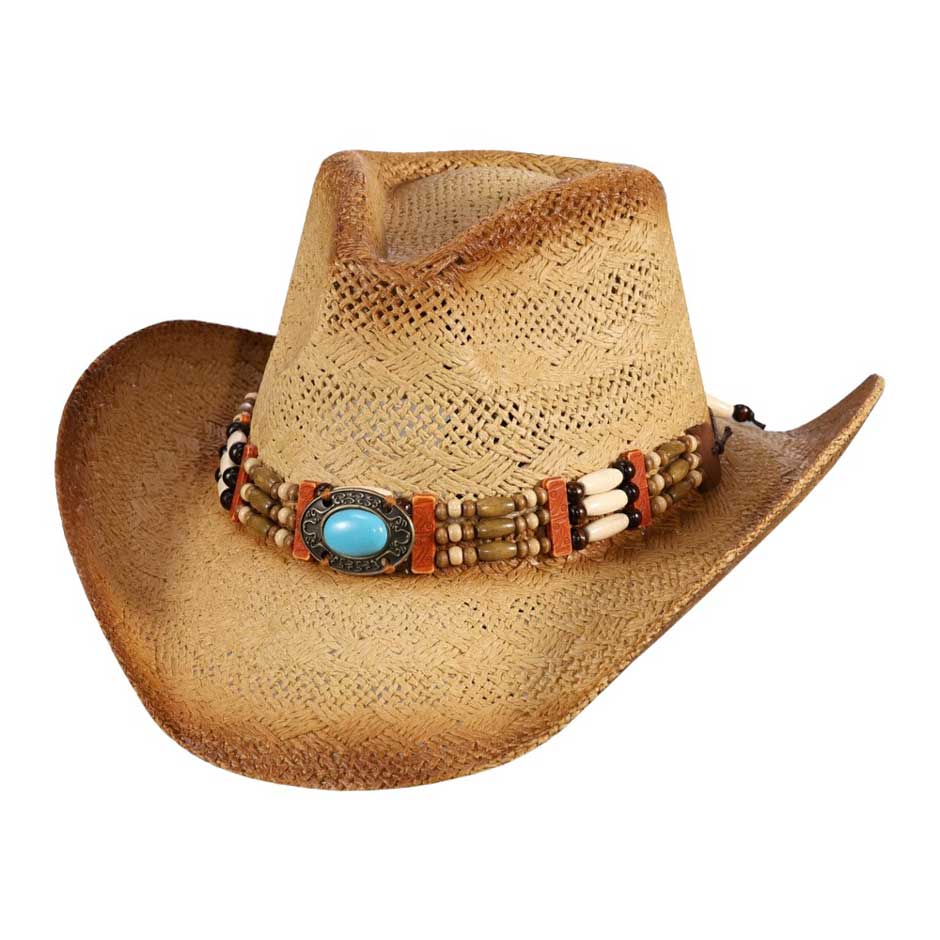 Beige Oval Turquoise Stone Pointed Wood Beaded Straw Cowboy Hat, Step up your Western style with our finely crafted cowboy hat. This hat features a beautiful oval turquoise stone and pointed wood beaded design, adding a unique touch to your outfit. Made with high-quality straw material, it offers both style and comfort.