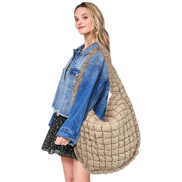 Beige Oversized Quilted Puffer Shoulder Crossbody Bag Cloud Bag, Stay warm and stylish. Made of durable material, it is insulated to keep you cozy in the coldest conditions. The shoulder straps make it comfortable and convenient to carry, so you can bring everything you need with ease. Perfect for gifting on any occasion.