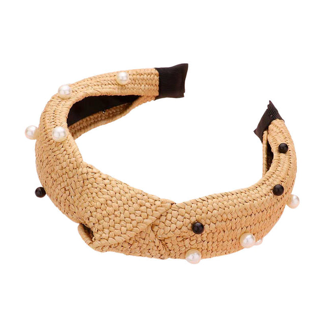Beige Pearl Embellished Straw Knot Burnout Headband, create a beautiful look while perfectly matching your color with the easy-to-use straw knot burnout headband. Push your hair back and spice up any plain outfit with this straw knot burnout headband!
