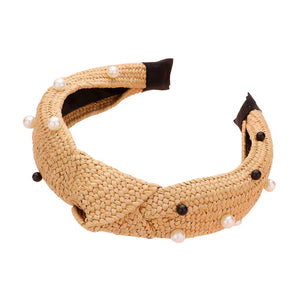 Beige Pearl Embellished Straw Knot Burnout Headband, create a beautiful look while perfectly matching your color with the easy-to-use straw knot burnout headband. Push your hair back and spice up any plain outfit with this straw knot burnout headband! 