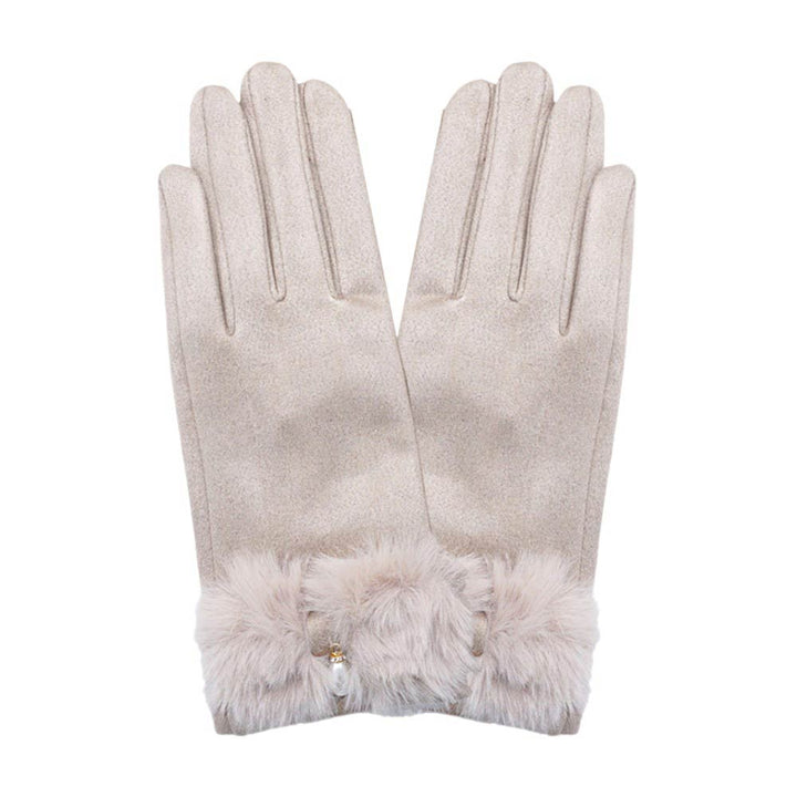 Beige-Pearl Pointed Fuzzy Bow Accented Smart Touch Gloves,  Designed with a classic pearl pointed bow. These gloves are not only stylish but also functional. With smart touch technology, you can easily use your touchscreen devices without having to take them off. Stay warm and connected all winter long.