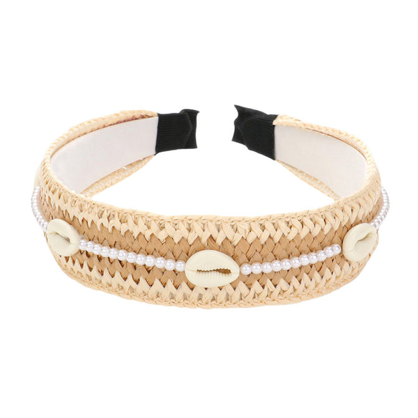 Beige Pearl Puka Shell Embellished Woven Straw Headband,  the Pearl Puka shell embellished headband goes perfectly with a t-shirt, summer dress or work clothes, beach party, and many more. Perfect for everyday wear, outdoor festivals, and many more. A great gift item for this spring and summer season.