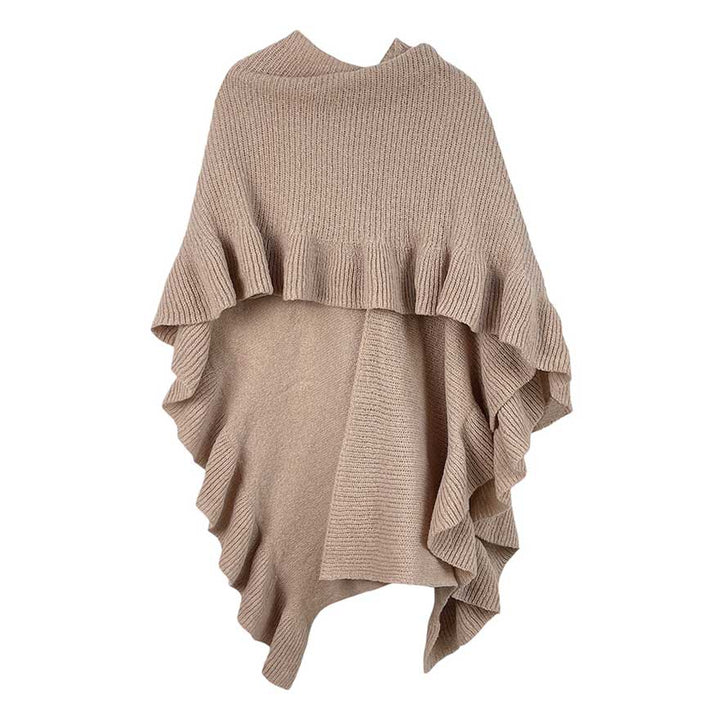 Beige This Reversible Ruffle Sleeves Knit Ruana Poncho adds the perfect touch of sophistication to your look. Crafted from 100% Polyester this poncho features reversible sleeves with a unique ruffle design.  Easy to wear and care for, it's a must-have for any wardrobe. Excellent choice as a gift item for your loved ones. 