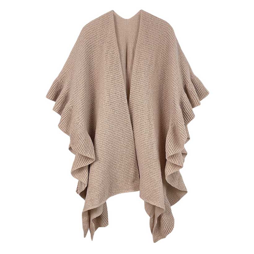 Beige This Reversible Ruffle Sleeves Knit Ruana Poncho adds the perfect touch of sophistication to your look. Crafted from 100% Polyester this poncho features reversible sleeves with a unique ruffle design.  Easy to wear and care for, it's a must-have for any wardrobe. Excellent choice as a gift item for your loved ones. 