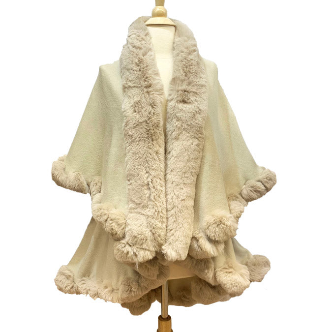Elegant 2 Row Beige Faux Fur Trim Knit Poncho, Beige Faux Fur Trim Knit Ruana Cape, the perfect accessory, luxurious, trendy, super soft chic vest cape, keeps you warm & toasty. You can throw it on over so many pieces elevating any casual outfit! Perfect Gift for Wife, Mom, Birthday, Holiday, Christmas, Anniversary, Fun Night Out