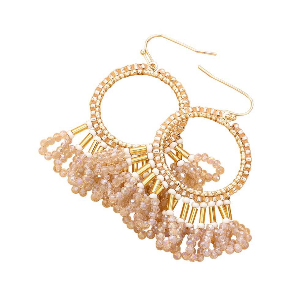 Beige Seed Beaded Fringe Metallic Tiered Circle Dangle Earrings, Inject some drama into your look with these stunning pieces. Crafted with layers of tiny seed beads and metallic circles, these beautiful earrings provide a unique and eye-catching addition to any outfit. A perfect accessory for any occasion.