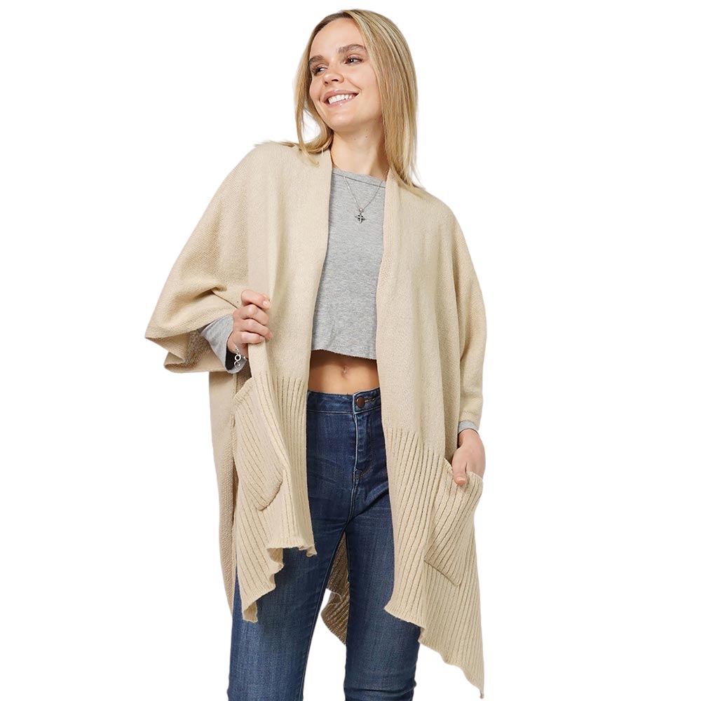 Beige Solid Knit Front Pockets Vest Poncho, With the latest trend in ladies' outfit cover-up! the high-quality knit poncho is soft, comfortable, and warm but lightweight. It's perfect for your daily, casual, party, evening, vacation, and other special events outfits. A fantastic gift for your friends or family.