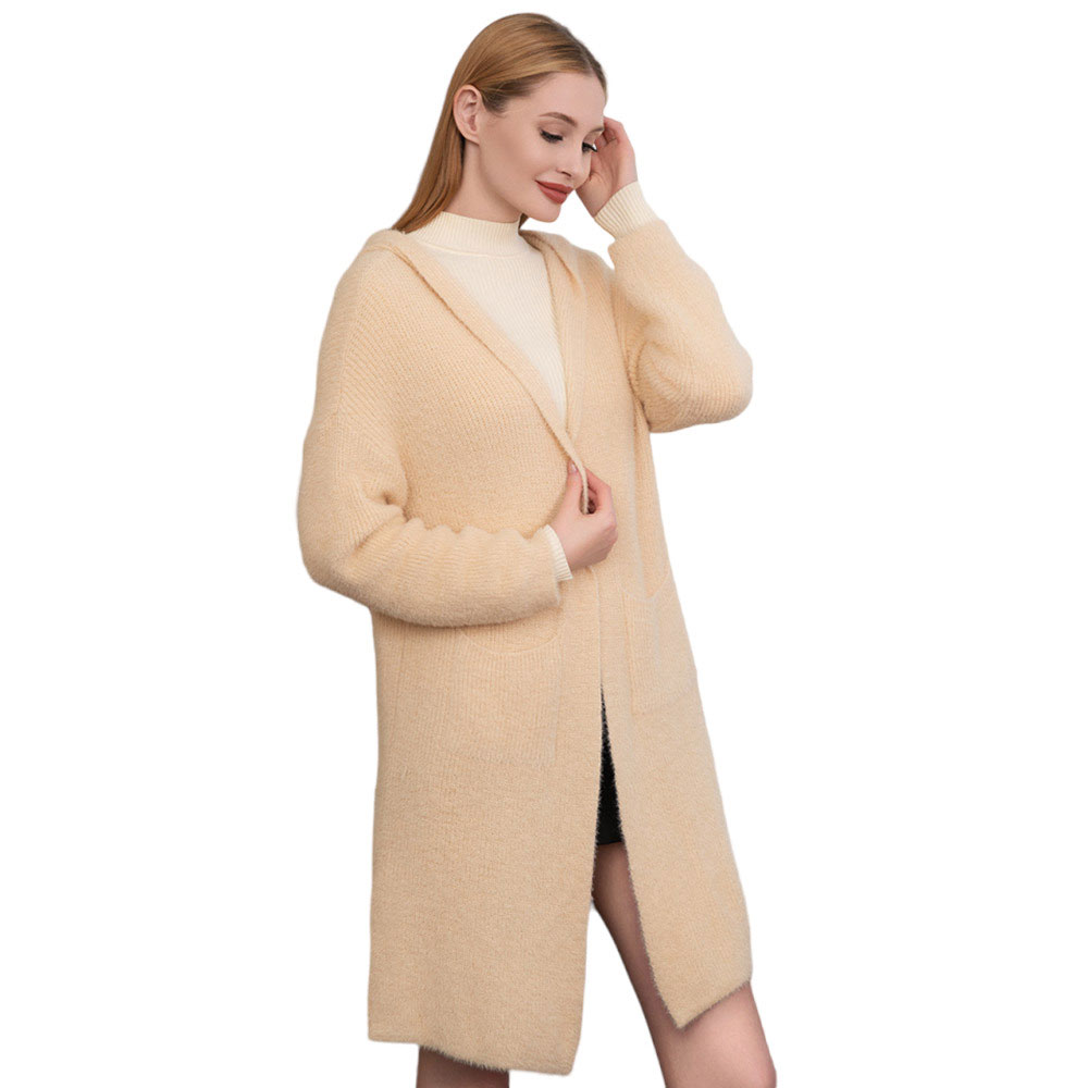 Beige Solid Soft Front Pockets Cardigan, delicate, warm, on-trend & fabulous, a luxe addition to any cold-weather ensemble. You can put your hands in its front pocket to keep yourself warm. You can throw it on over so many pieces elevating any casual outfit! Perfect Gift for wife, mom, birthday, holiday, etc.
