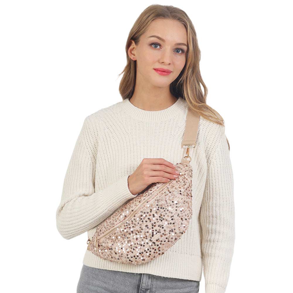 Beige Sparkle Sequin Solid Sling Bag Fanny Pack Belt Bag, make yourself stand out & be the ultimate fashionista while carrying this beautiful straw sling bag. Great for when you need something small to carry in your bag. perfect for money, credit cards, keys or coins, and many more things. Stay comfortable and trendy.