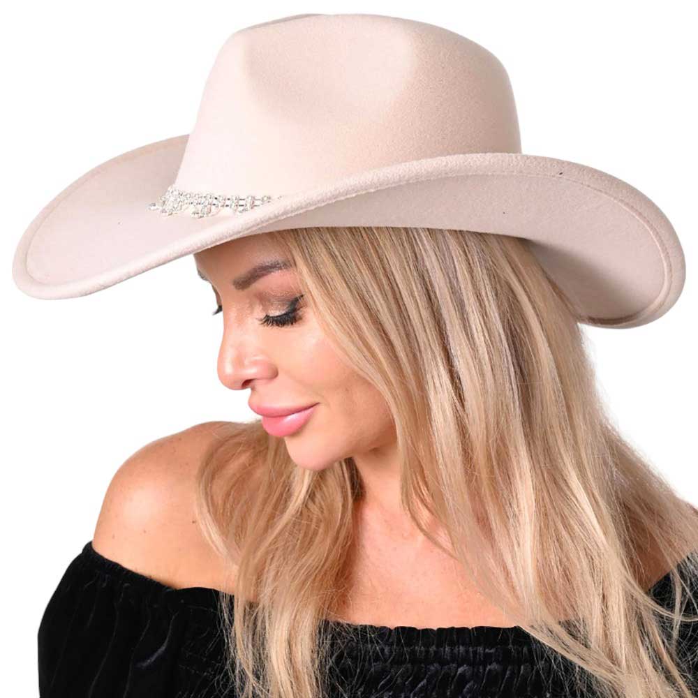 Beige Stone Embellished Band Pointed Solid Cowboy Fedora Panama Hat, is ideal for your western wardrobe. Crafted from quality materials, this fedora features a pointed crown and a stone-embellished band for a rugged and stylish look. Perfect for Country and western events or everyday wear.