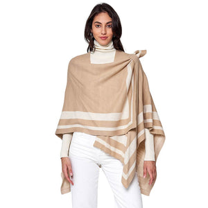 Beige Striped Shoulder Strap Ruana Poncho, boasts a striking look and a unique blend of materials that make it both stylish and comfortable. Sophisticated stripes are complemented by a luxurious velvety texture, offering an eye-catching look that makes a statement wherever you go. Excellent gift choice for the winter.