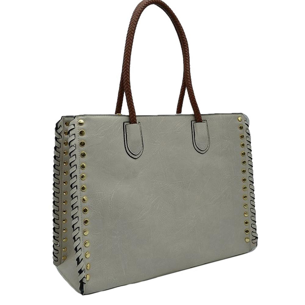 Beige Studded Faux Leather Whipstitch Shoulder Bag Tote Bag, is crafted from high-quality faux leather, featuring a stylish whipstitch trim and studded accents. Its adjustable strap makes it perfect for everyday use, this spacious handbag features a roomy interior to hold all your essentials. This bag is sure to turn heads.