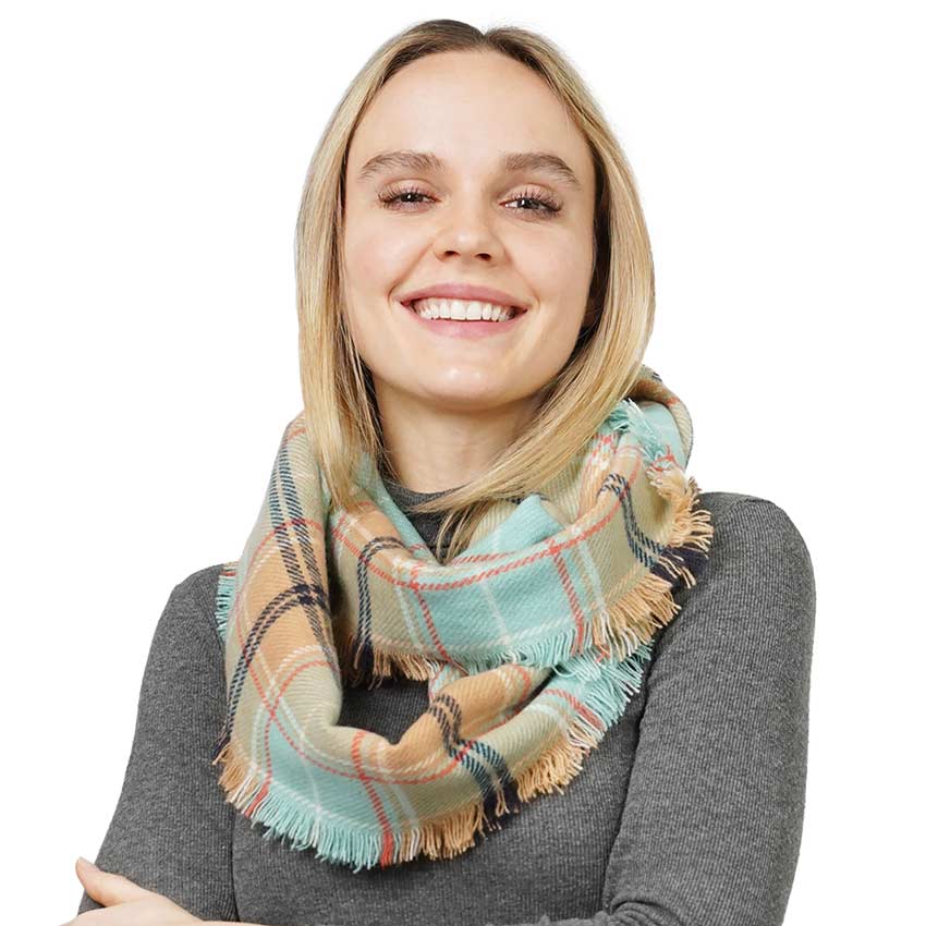 Beige Trendy Plaid Check Patterned Infinity Scarf, delicate, warm, on-trend & fabulous, a luxe addition to any cold-weather ensemble. This infinity scarf combines great fall style with comfort and warmth. It's a perfect weight and can be worn to complement your outfit. Perfect gift for birthdays, holidays, or any occasion.