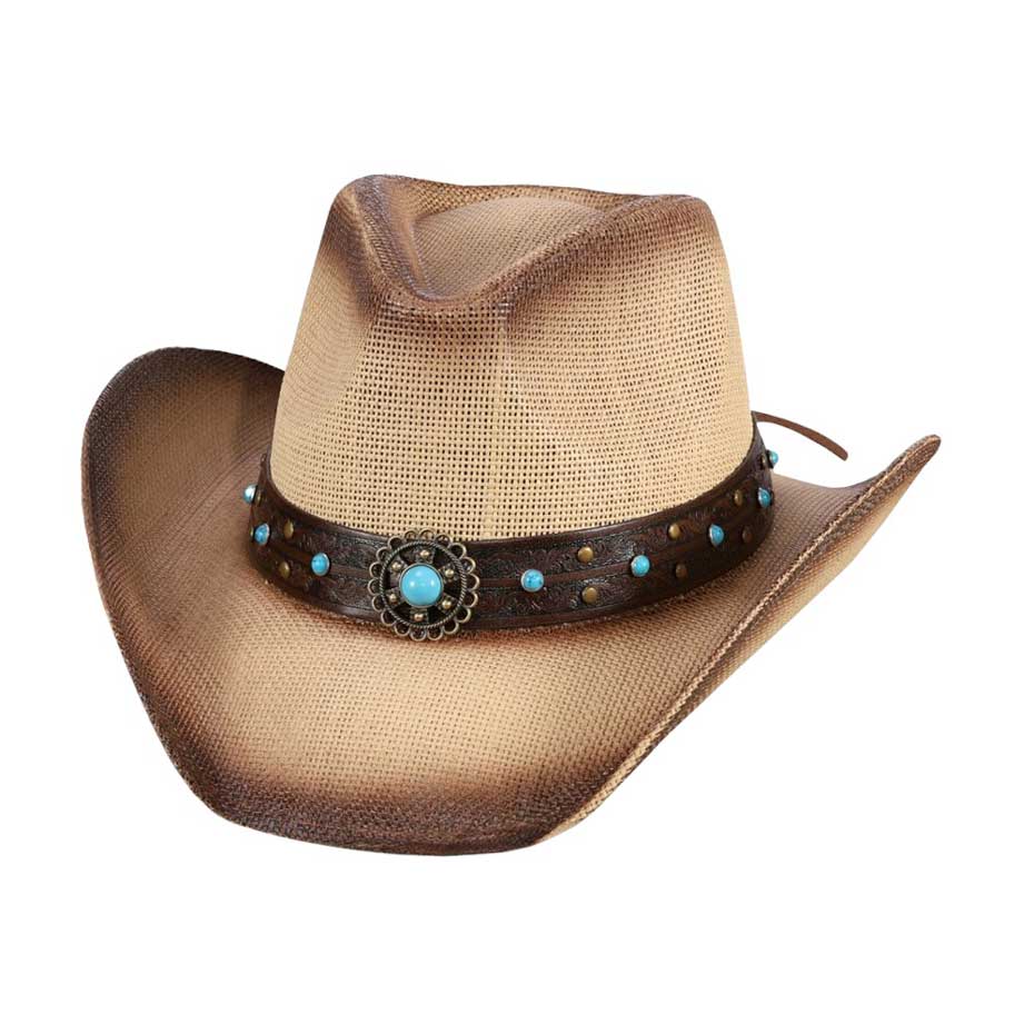 Beige Turquoise Stone Western Flower Pointed Faux Leather Straw Cowboy Hat, Elevate your Western style game with our expertly crafted. Made with high-quality faux leather and sturdy straw materials, this hat features a beautiful turquoise stone with a unique western flower design on the pointed crown. Exude your confidence.