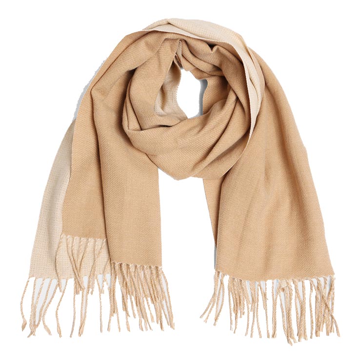 Beige-Two Tone Oblong Scarf,. Made with high-quality materials, its unique design adds a touch of elegance to any outfit. Its versatile shape allows for endless styling options, making it the perfect addition to your wardrobe.Transition from season to season in style with this chic and practical scarf.