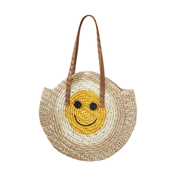 Beige Smile Pointed Color Block Straw Round Shoulder Bag is versatile enough for wearing through the week, simple and leisurely, elegant and fashionable, suitable for women of all ages, and ultra-lightweight to carry around all day. Perfect for traveling, beach, dating, and other daily outdoor activities. Birthday Gift