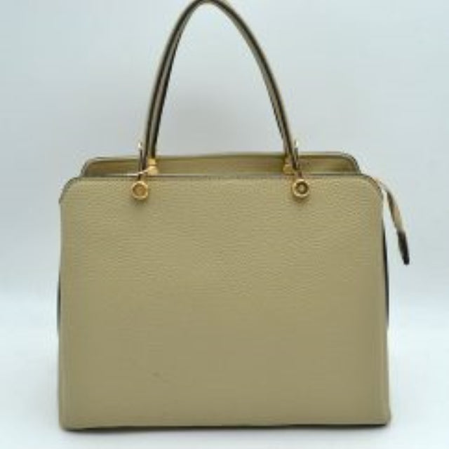 Beige This structured handbag is designed for everyday use, featuring dual arched top handles attached with round metallic hardware. The design includes multiple storage compartments to organize your belongings, featuring a central zippered closure alongside separate side compartments.