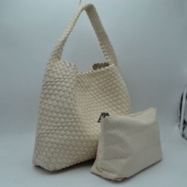 BeigeThis chic, slouchy shoulder bag features an intricate basket-weave design in a creamy off-white tone, offering a highly textured and relaxed silhouette for stylish everyday use. It is crafted with an integrated wide, woven top handle that extends seamlessly from the main body panels for comfortable over-the-shoulder carrying. The spacious open-top main compartment provides effortless access to your items and comes complete with a matching