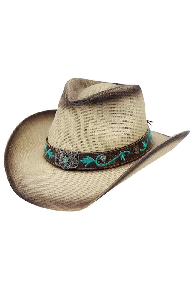 Beige Embrace Western charm with this stunning straw cowboy hat, featuring an eye-catching butterfly concho and vibrant turquoise bloom band. Crafted from 100% paper straw, this distressed design delivers authentic cowgirl style with a modern twist. Perfect for sun protection at the ranch, festival, or everyday wear. Lightweight and breathable, it's your go-to accessory for making a bold statement under the open sky.